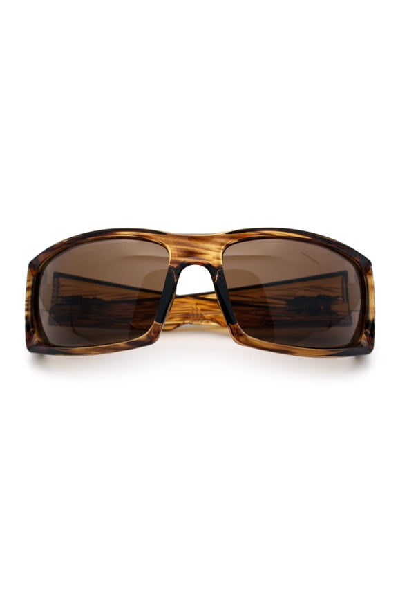 Classic Winged Skull 90s Wrap Around Sport Biker Plastic Rectangular Sunglasses Brown Stripe - Brown