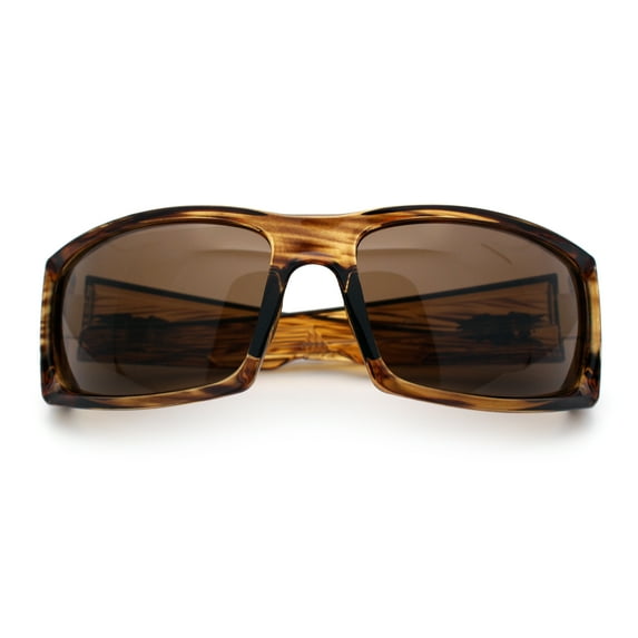Classic Winged Skull 90s Wrap Around Sport Biker Plastic Rectangular Sunglasses Brown Stripe - Brown