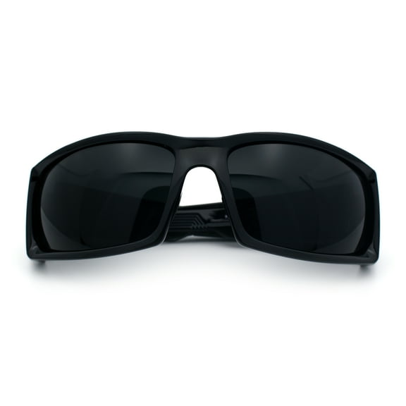 Classic Winged Skull 90s Wrap Around Sport Biker Plastic Rectangular Sunglasses Shiny Black - Black