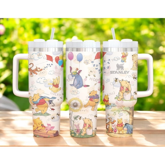 Classic Winnie the Pooh 40oz Tumbler with Handle, Vintage Pooh Bear Cartoon Insulated Stainless Steel Travel Mug with Straw, Cute Forest Friends Drink Cup