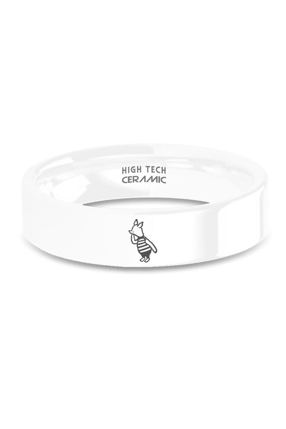 Classic Winnie-the-Pooh Piglet Laser Engraved White Ceramic Ring, 6mm, Size 10