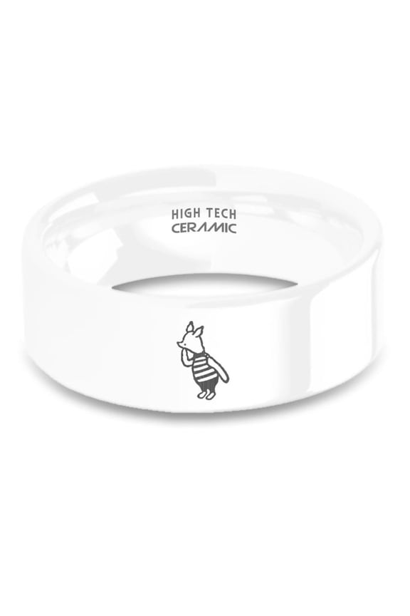 Classic Winnie-the-Pooh Piglet Laser Engraved White Ceramic Ring, 8mm, Size 9