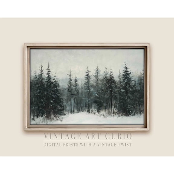 Classic Winter Landscape Print, Minimalist Pine Trees, Neutral Vintage Winter Poster, Wall Art for Decor, Present, Poster Only