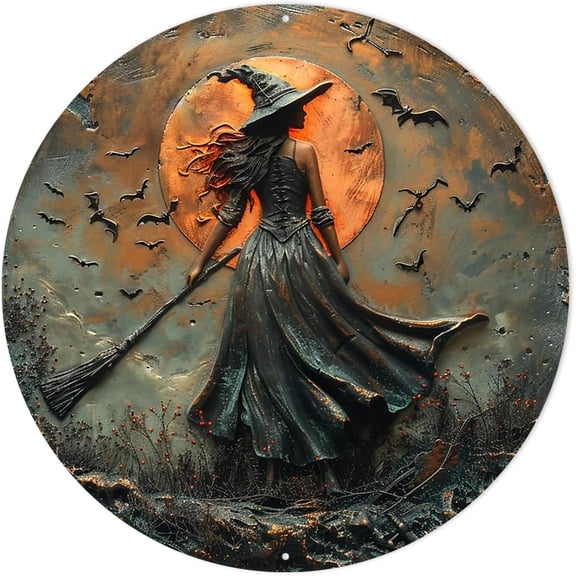 Classic Witch on Broomstick Round Aluminum Sign Halloween Autumn Wall Hanging Decorative Signs & Plaques 8x8 Inch Rustic Style Wall Decor for Halloween, Autumn, Living Room, Bedroom
