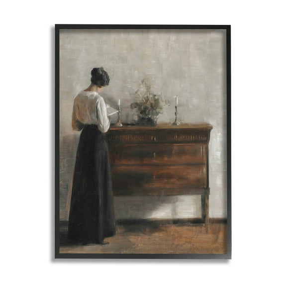 Classic Woman In Dress Reading Typography Painting Black Framed Art Print Wall Art