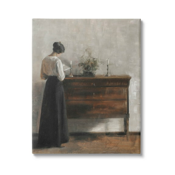 Classic Woman In Dress Reading Typography Painting Gallery Wrapped Canvas Print Wall Art