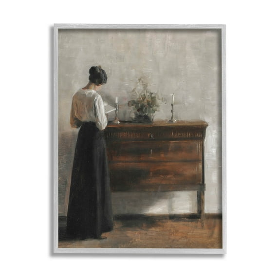 Classic Woman In Dress Reading Typography Painting Gray Framed Art Print Wall Art
