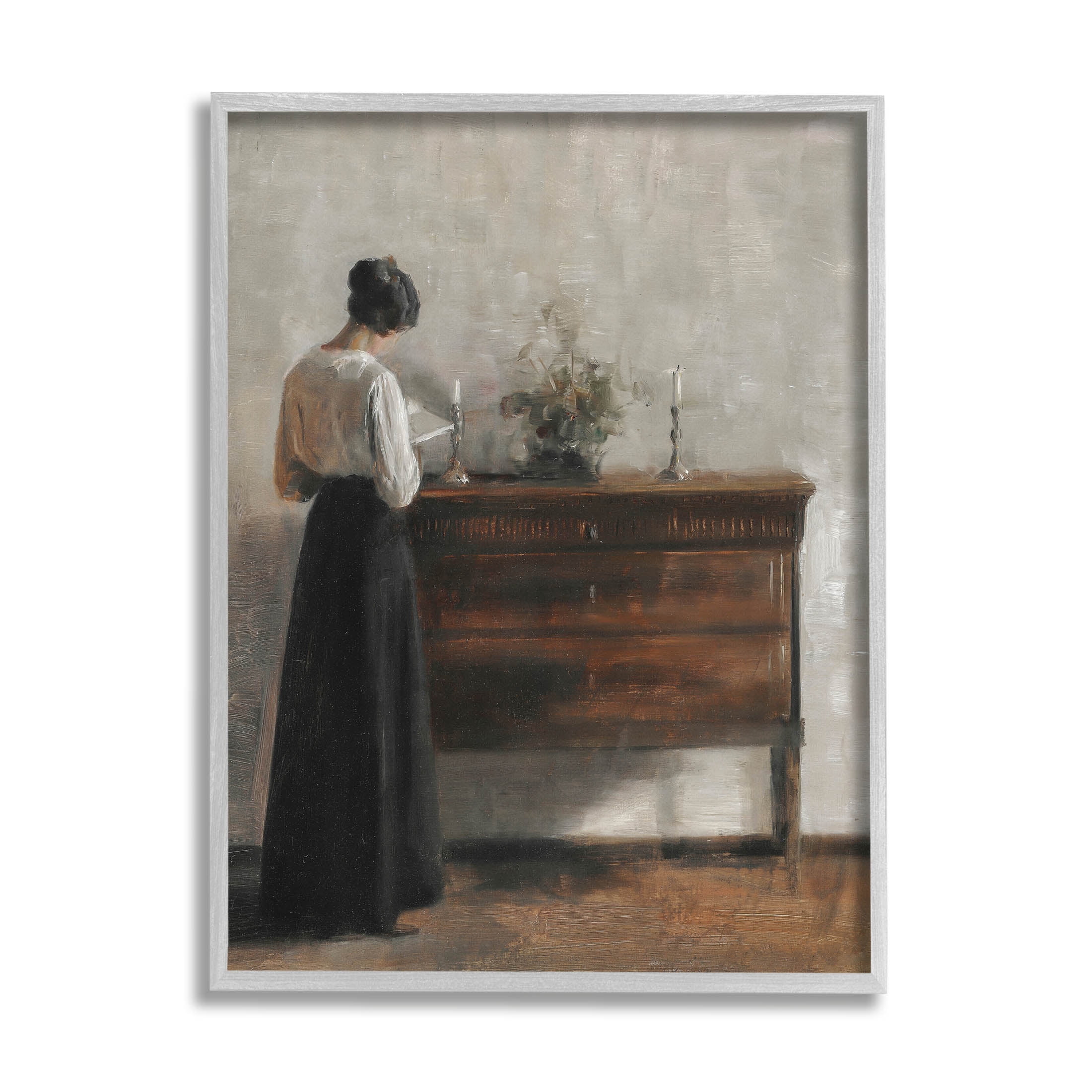 Classic Woman Reading in Gray Framed Canvas Print