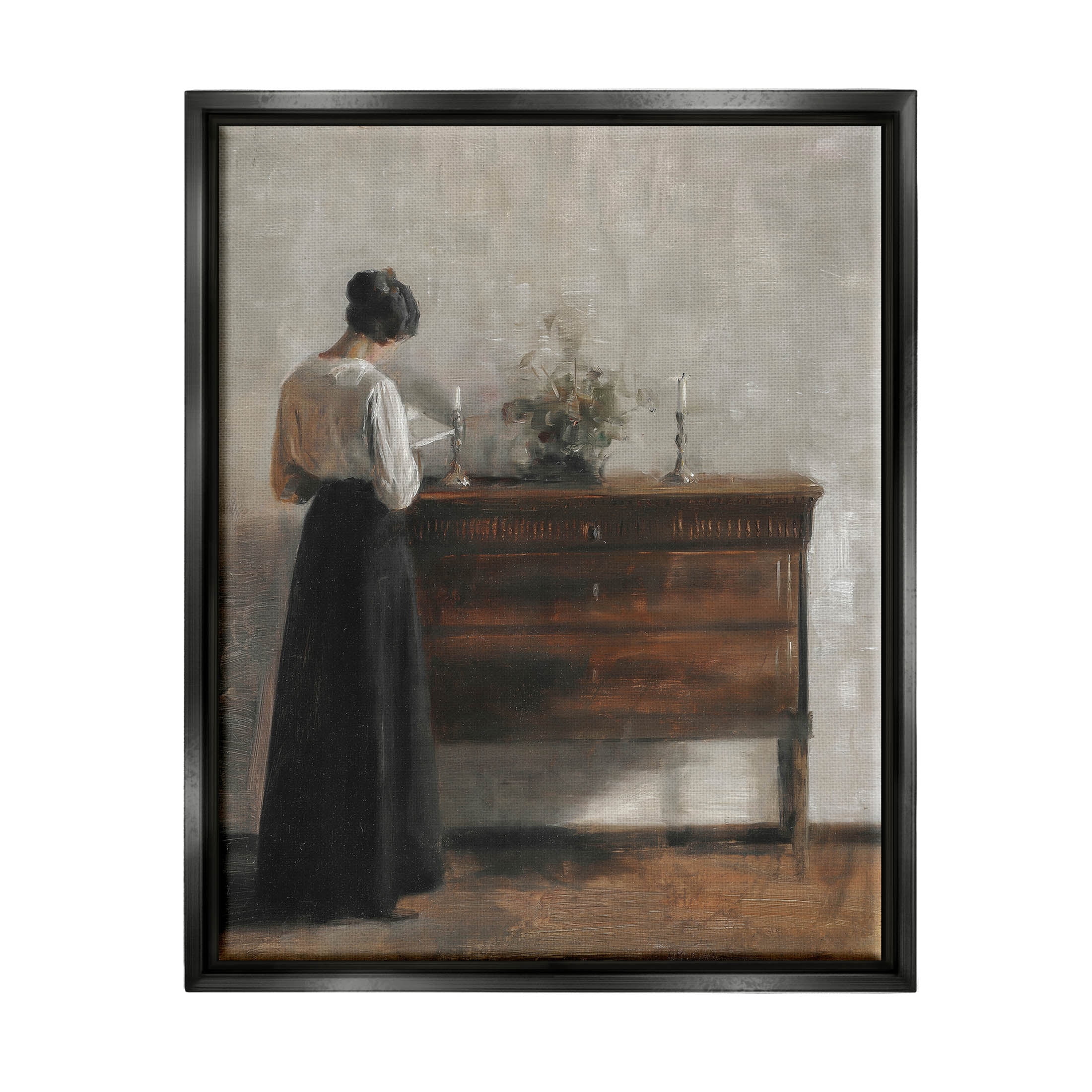 Classic Woman In Dress Reading Typography Painting Jet Black Framed Art Print Wall Art