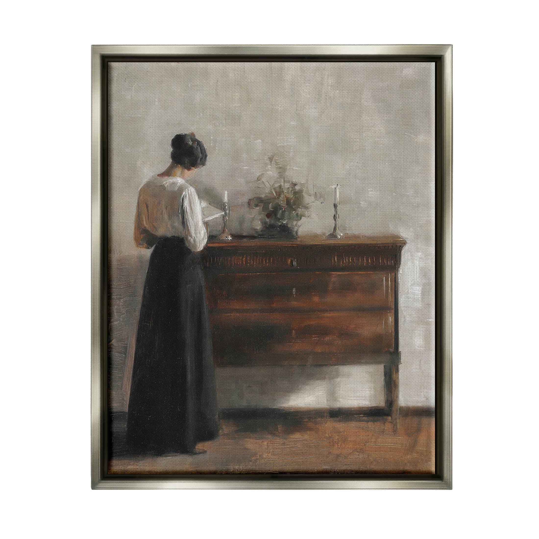 Classic Woman In Dress Reading Typography Painting Luster Gray Framed Art Print Wall Art