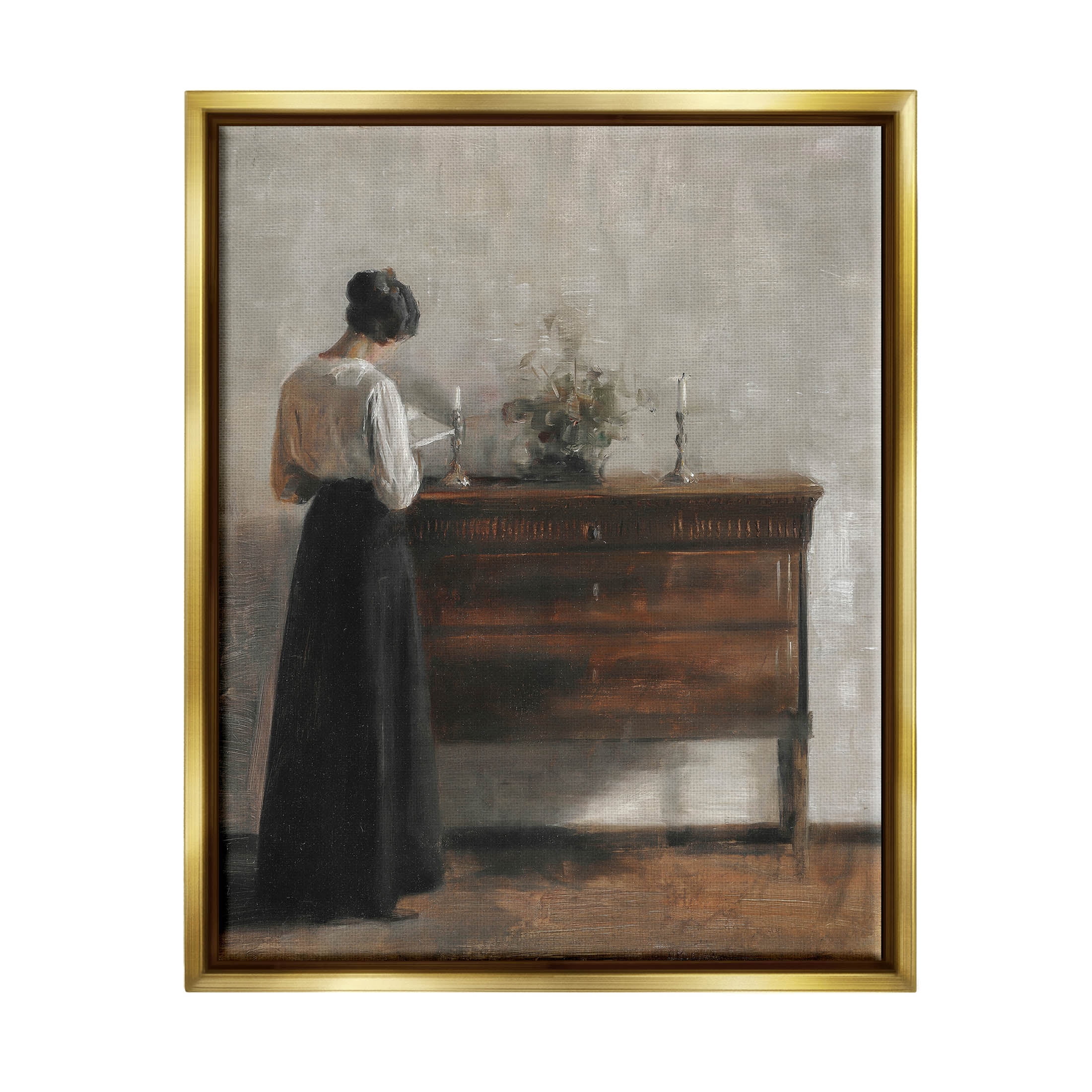 Classic Woman In Dress Reading Typography Painting Metallic Gold Framed Art Print Wall Art