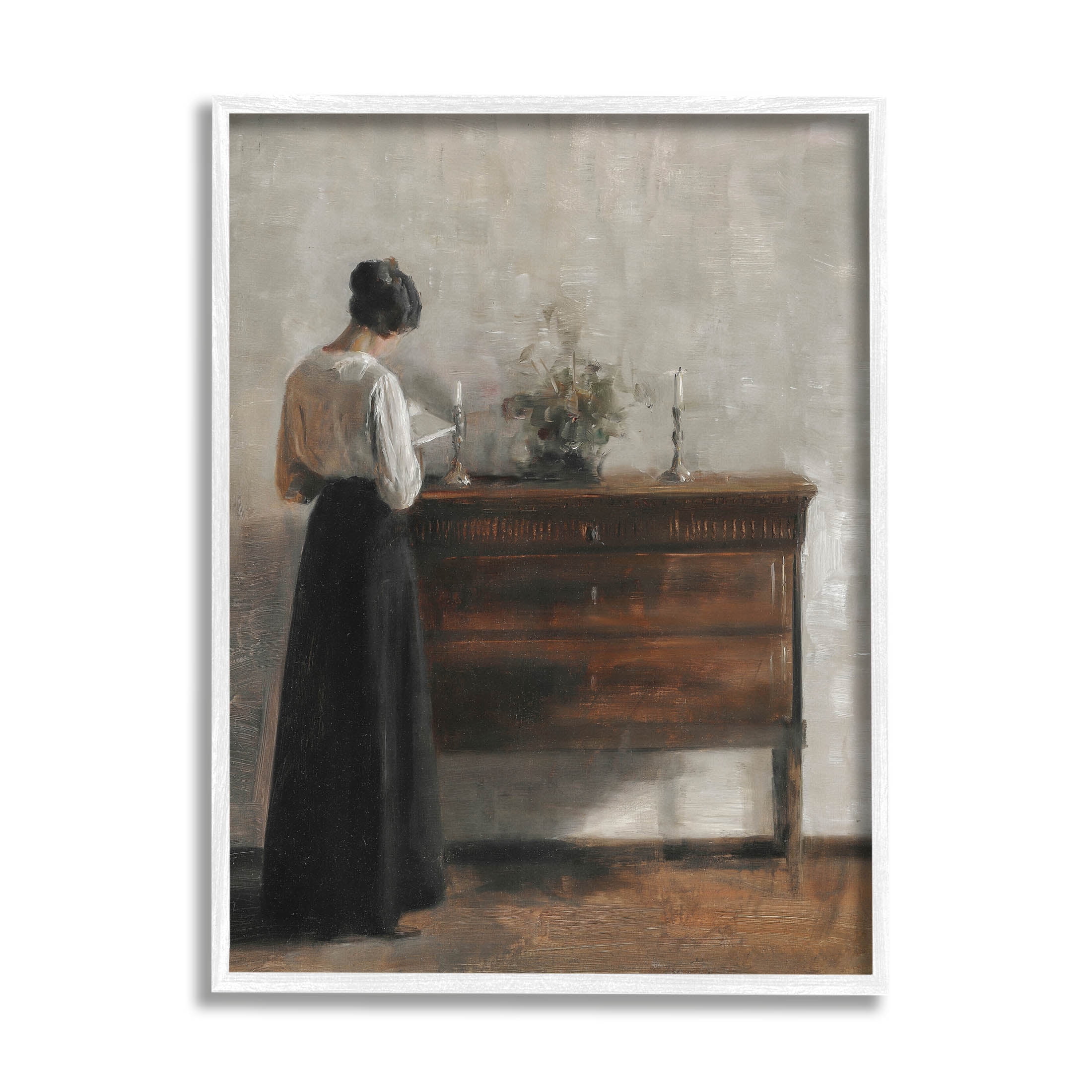 Classic Woman In Dress Reading Typography Painting White Framed Art Print Wall Art