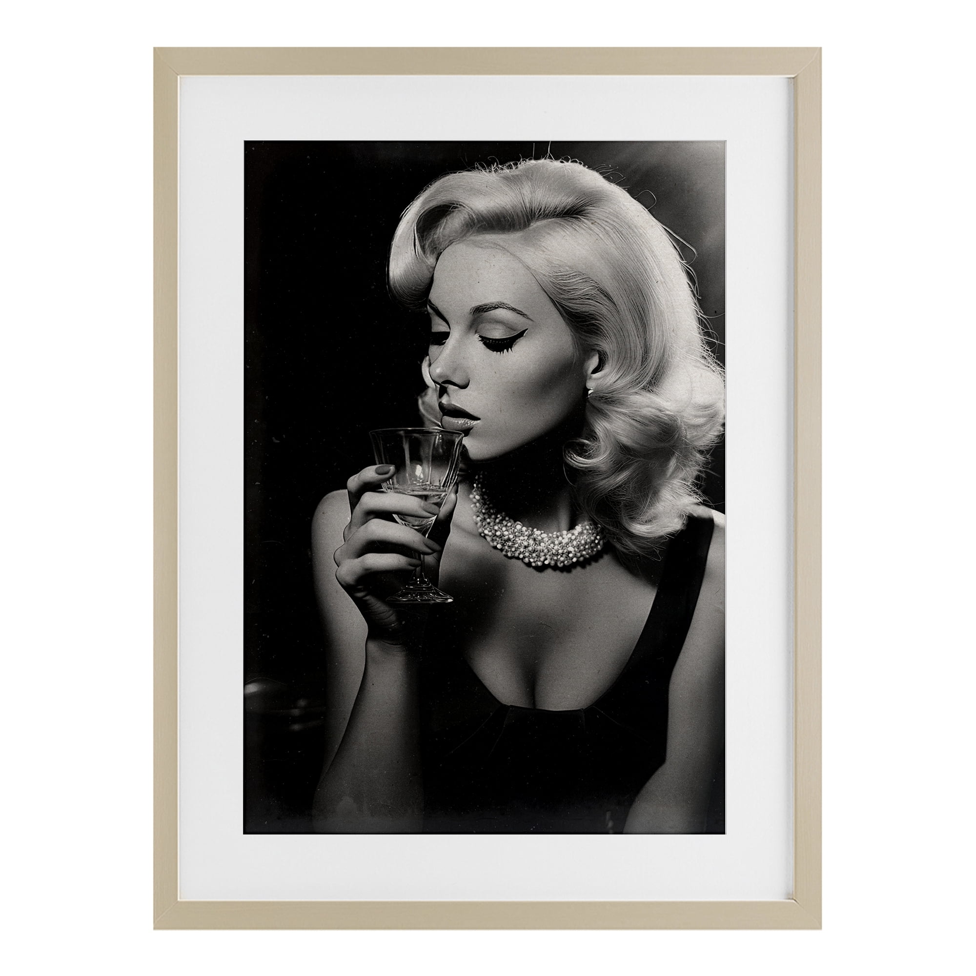 Classic Woman & Martini Birch Framed Print Under Glass, design by Decent Exposures