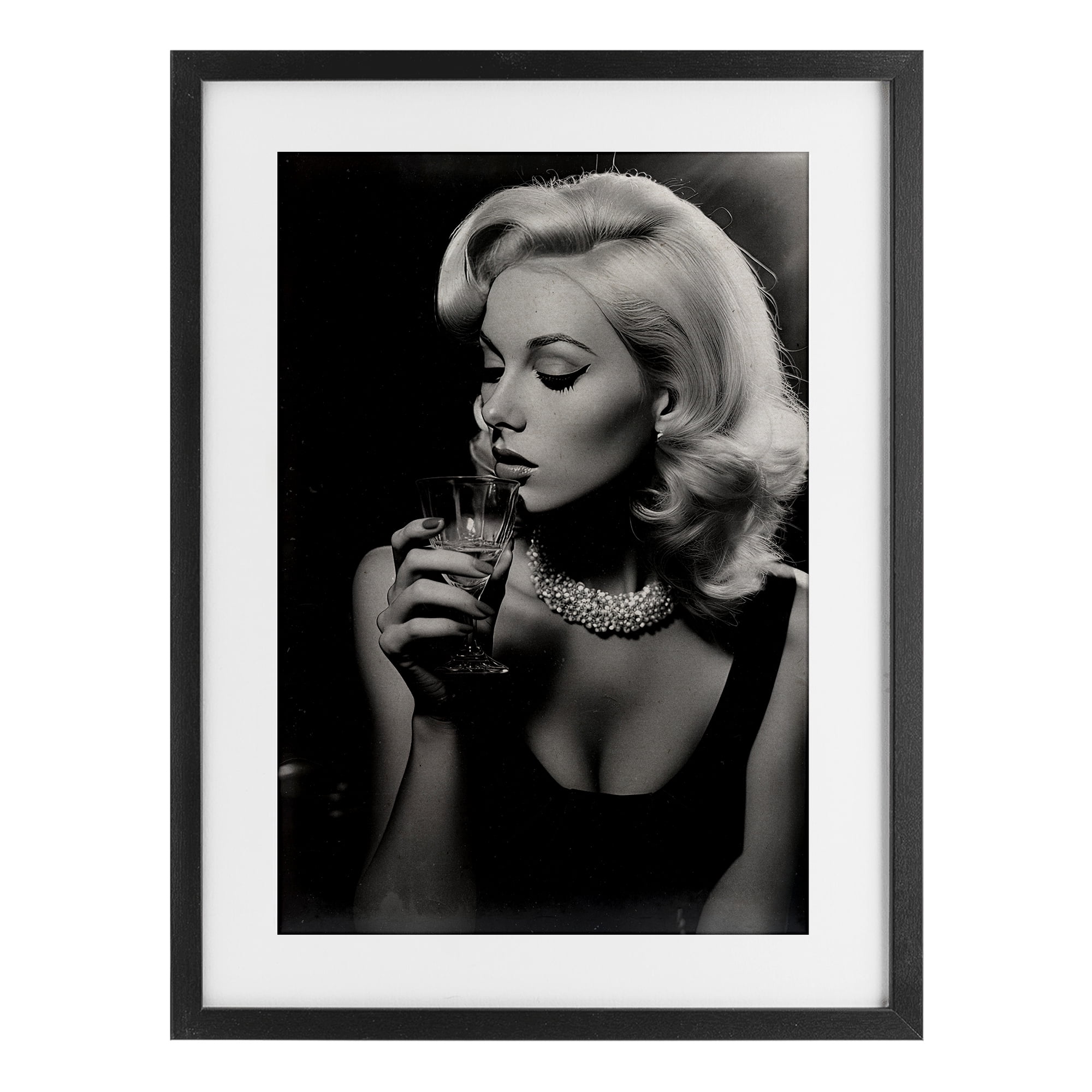 Classic Woman & Martini Black Framed Print Under Glass, design by Decent Exposures