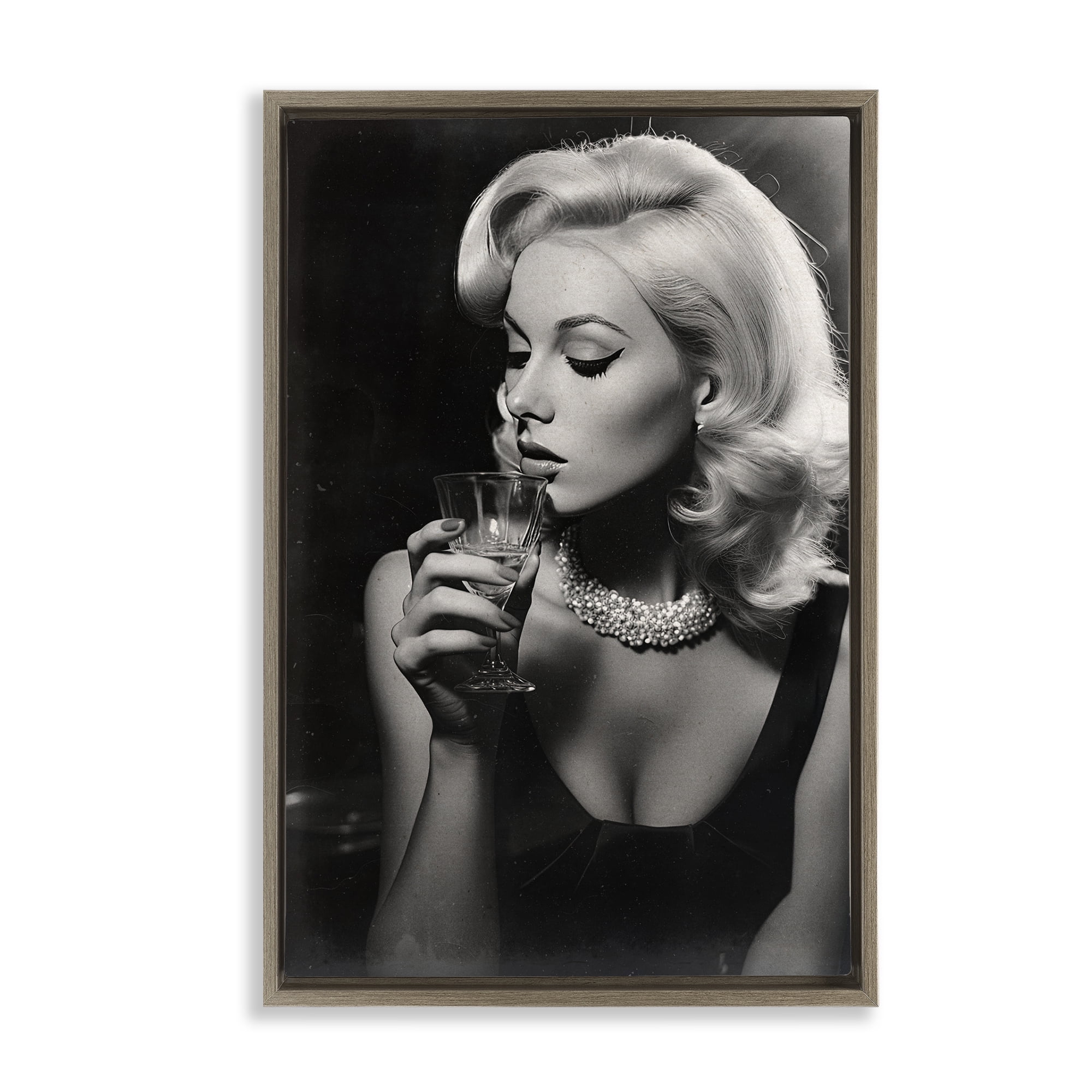 Classic Woman & Martini Brown Framed Floater Canvas Wall Art, design by Decent Exposures