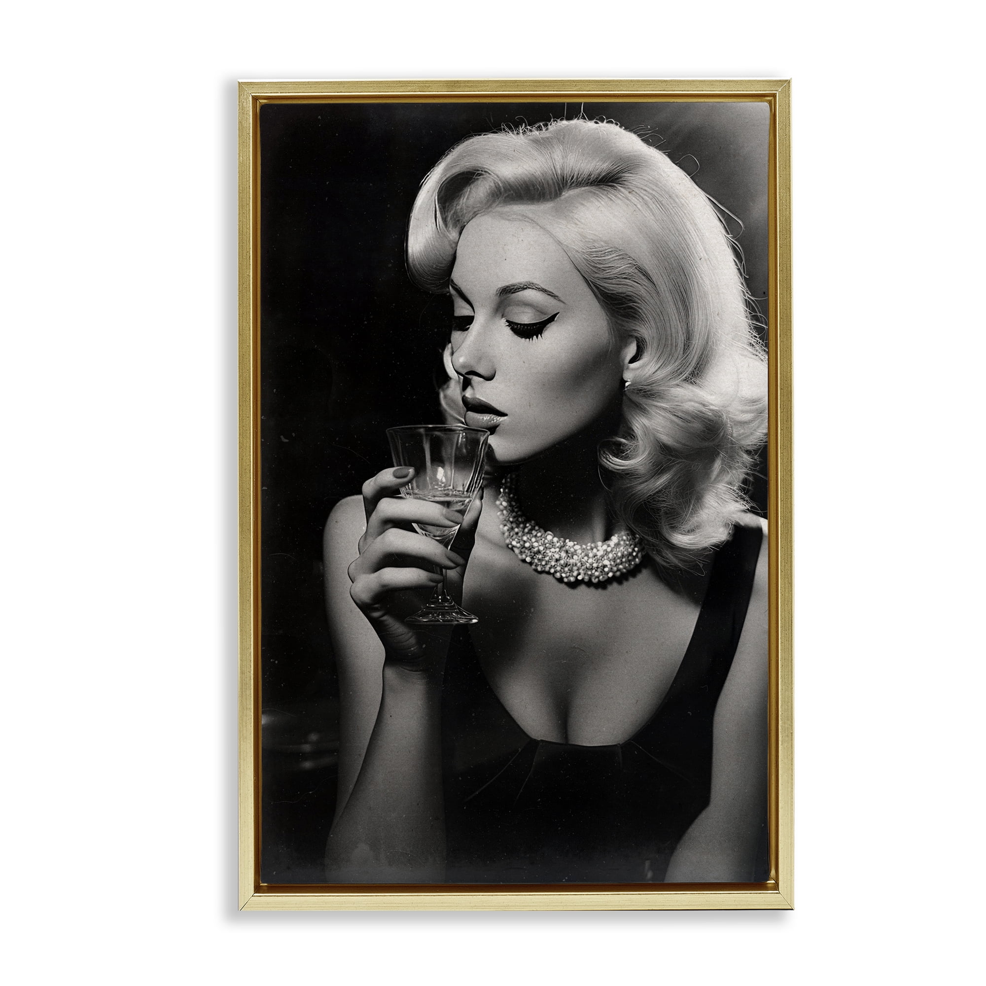 Classic Woman & Martini Gold Framed Floater Canvas Wall Art, design by Decent Exposures