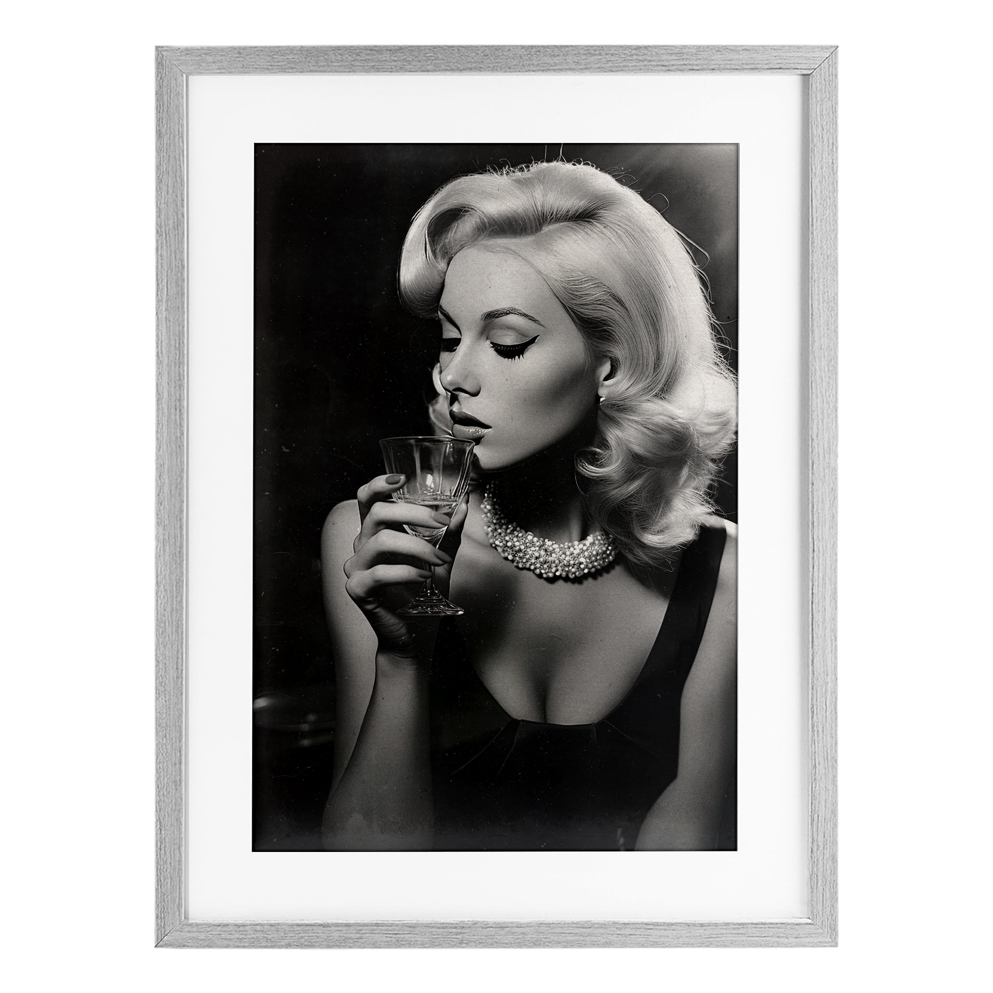 Classic Woman & Martini Gray Framed Print Under Glass, design by Decent Exposures