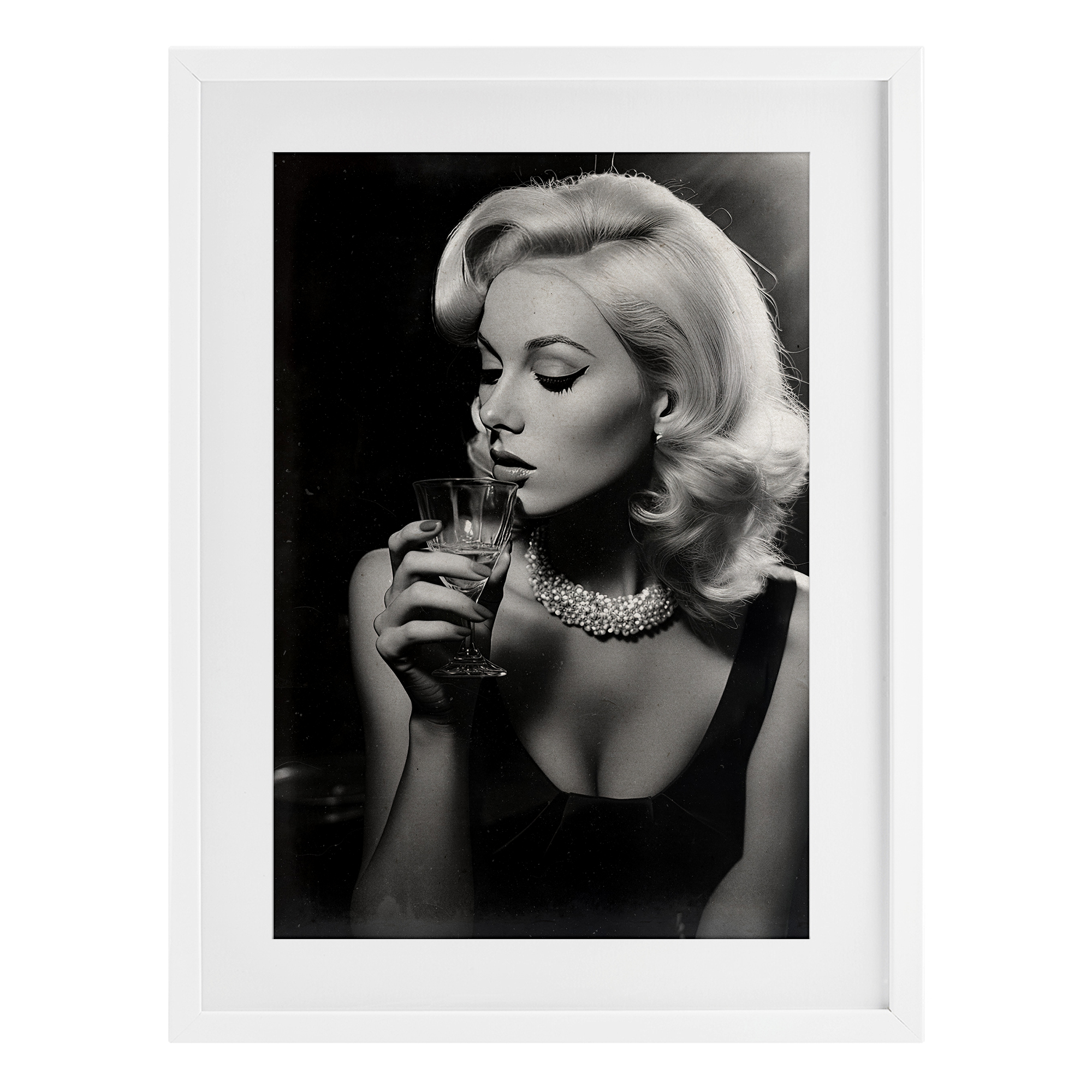 Classic Woman & Martini White Framed Print Under Glass, design by Decent Exposures