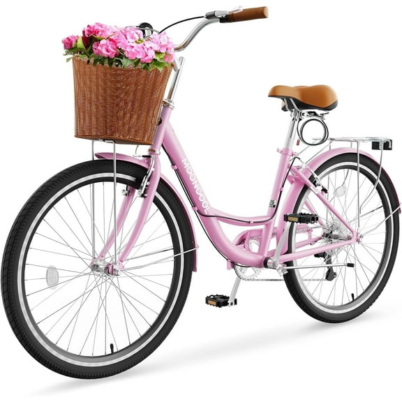 Classic Women Commute Bike with Basket, 24" Shimano 7 Speeds Adult Cruiser Bicycle for Ladies - Hi-Ten Steel Frame - Ideal for Urban Commuting and Beach Rides
