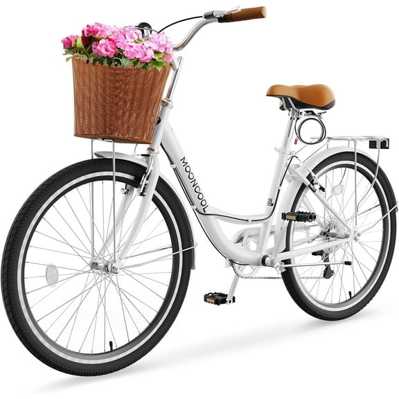 Classic Women Commute Bike with Basket, 24" Shimano 7 Speeds Adult Cruiser Bicycle for Ladies - Hi-Ten Steel Frame - Ideal for Urban Commuting and Beach Rides