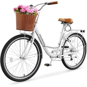 Classic Women Commute Bike with Basket, 26 Shimano 7 Speeds Adult Cruiser Bicycle for Ladies - Hi-Ten Steel Frame - Ideal for Urban Commuting and Beach Rides