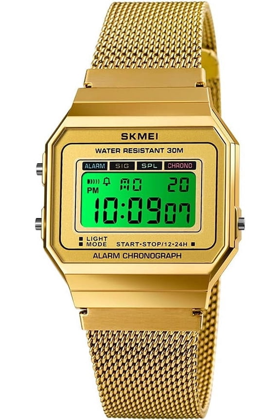 Classic Women's Digital Multifunction Sports Watch Stainless Steel Band Square Waterproof Electronic Led Watch