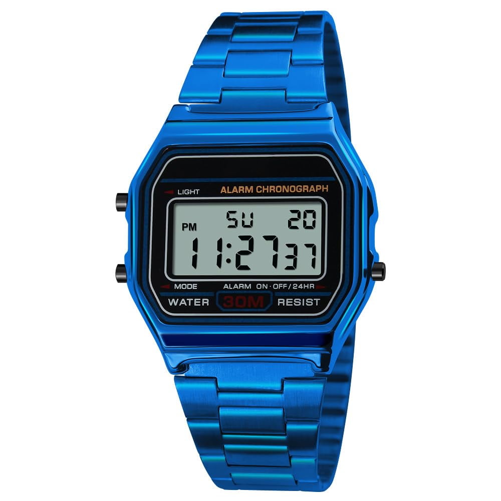 Classic Women's Digital Multifunction Sports Watch Stainless Steel Band Square Waterproof Electronic Led Watch