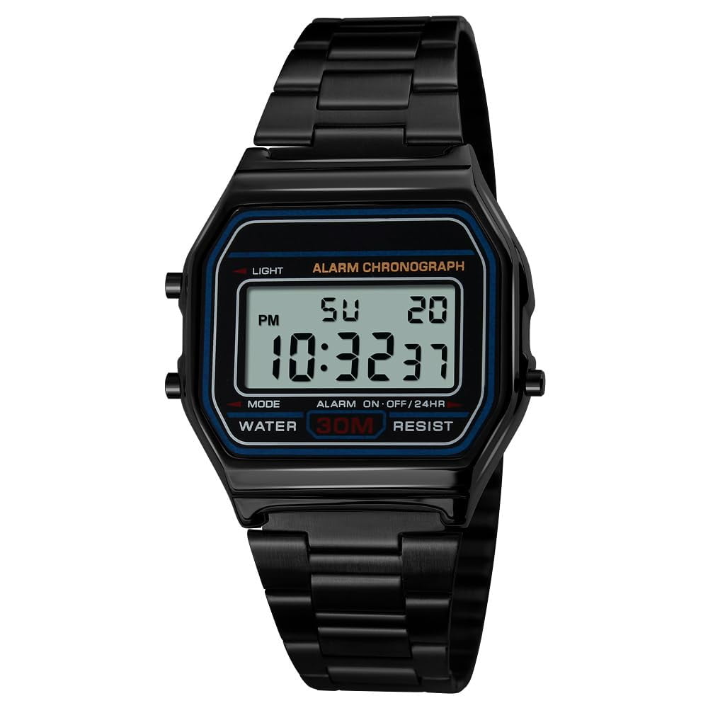 Classic Women's Digital Multifunction Sports Watch Stainless Steel Band Square Waterproof Electronic Led Watch