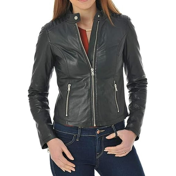 Classic Women's Genuine Black Lambskin Real Leather Jacket Slim fit Biker W706