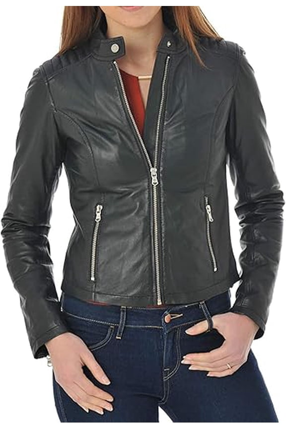 Classic Women's Genuine Black Lambskin Real Leather Jacket Slim fit Biker W706