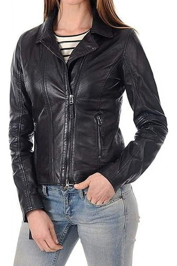 Classic Women's Genuine Black Lambskin Real Leather Jacket Slim fit Biker W730