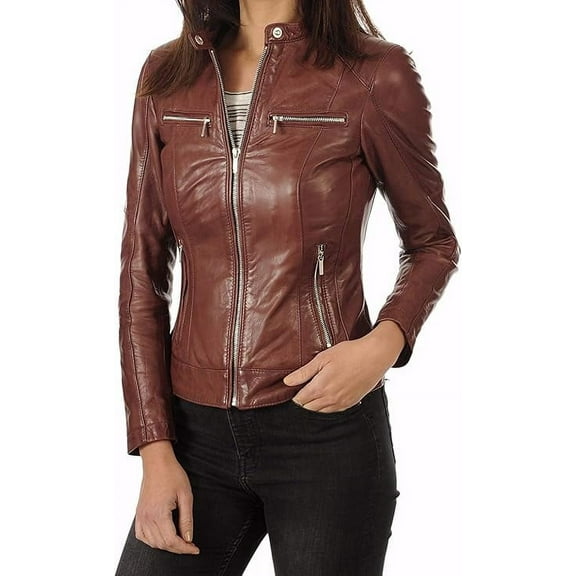 Classic Women's Genuine Brown Lambskin Real Leather Jacket Slim fit Biker W633