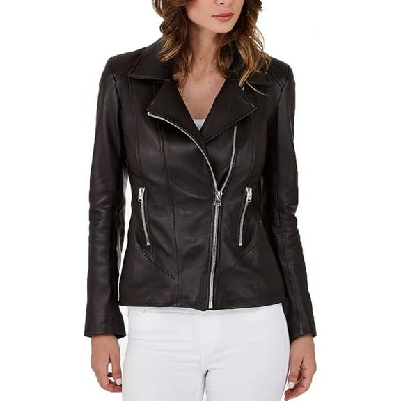 Classic Women's Genuine Lambskin Real Leather Jacket Slim fit Black Biker jacket W134