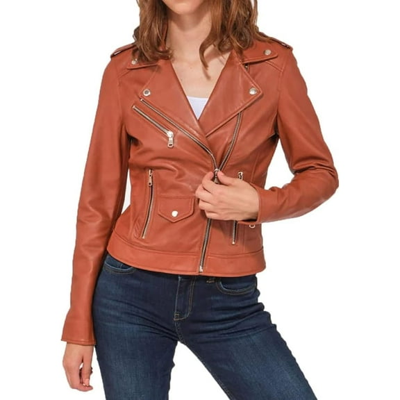 Classic Women's Genuine Lambskin Real Leather Tan Jacket Slim fit Biker W115