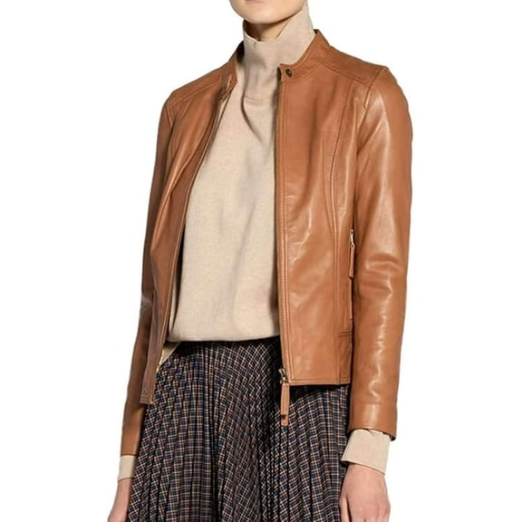 Classic Women's Genuine Tan Lambskin Real Leather Jacket Slim fit Biker W513