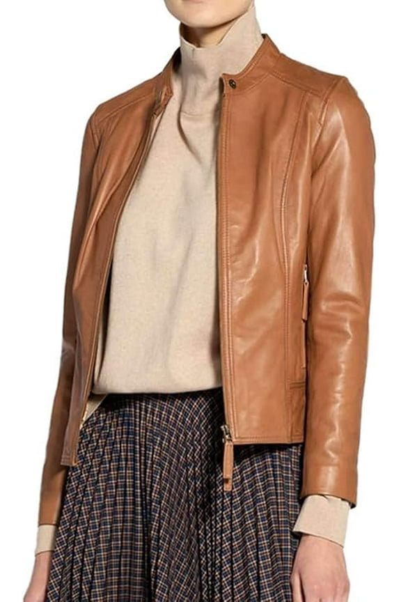 Classic Women's Genuine Tan Lambskin Real Leather Jacket Slim fit Biker W513