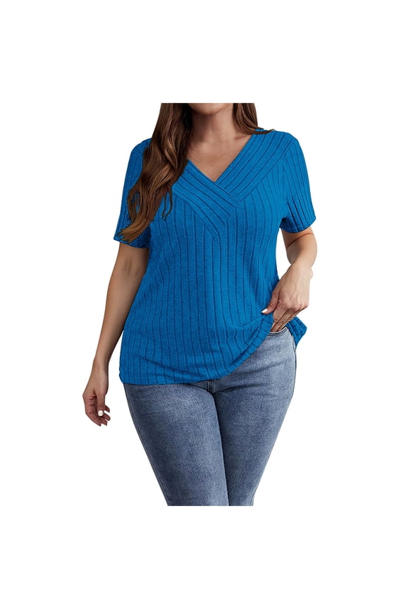 Classic Women's Ribbed V-Neck Tee Short Sleeve Brushed Soft Top, Solid Color Straight Fit Shirt Versatile Spring Summer Casual Wardrobe Essential