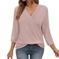 thumbnail image 1 of Classic Women's T-Shirts Solid V Neck 3/4 Sleeve Casual Loose Tops for Everyday Wear and Outfits, 1 of 5