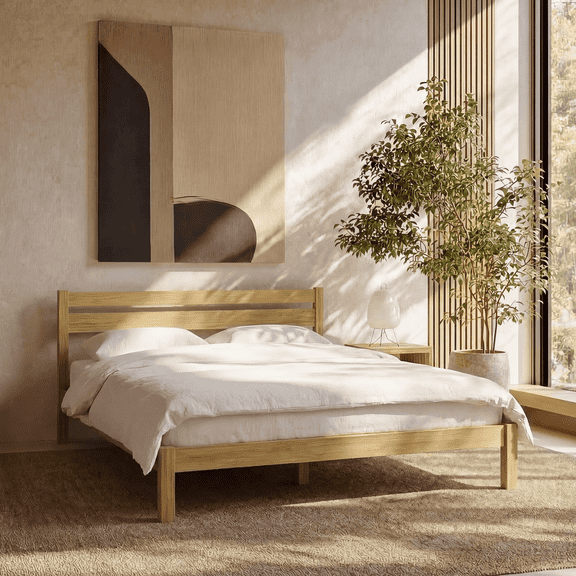 LIFEMENT Full Classic Wood Platform Bed Frame with Headboard, Solid Wood, No Box Spring Needed, Easy Assembly, Under Bed Storage, Natural