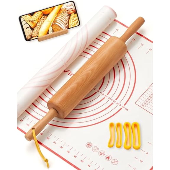 Classic Wood Rolling Pin,17" Rolling Pins for Baking with Silicone Mat and Adjustable Thickness Rings,Pasta Roller with Wood Base,Fondant Roller for Pie Crust,Cookies,Pizza Dough and Bread