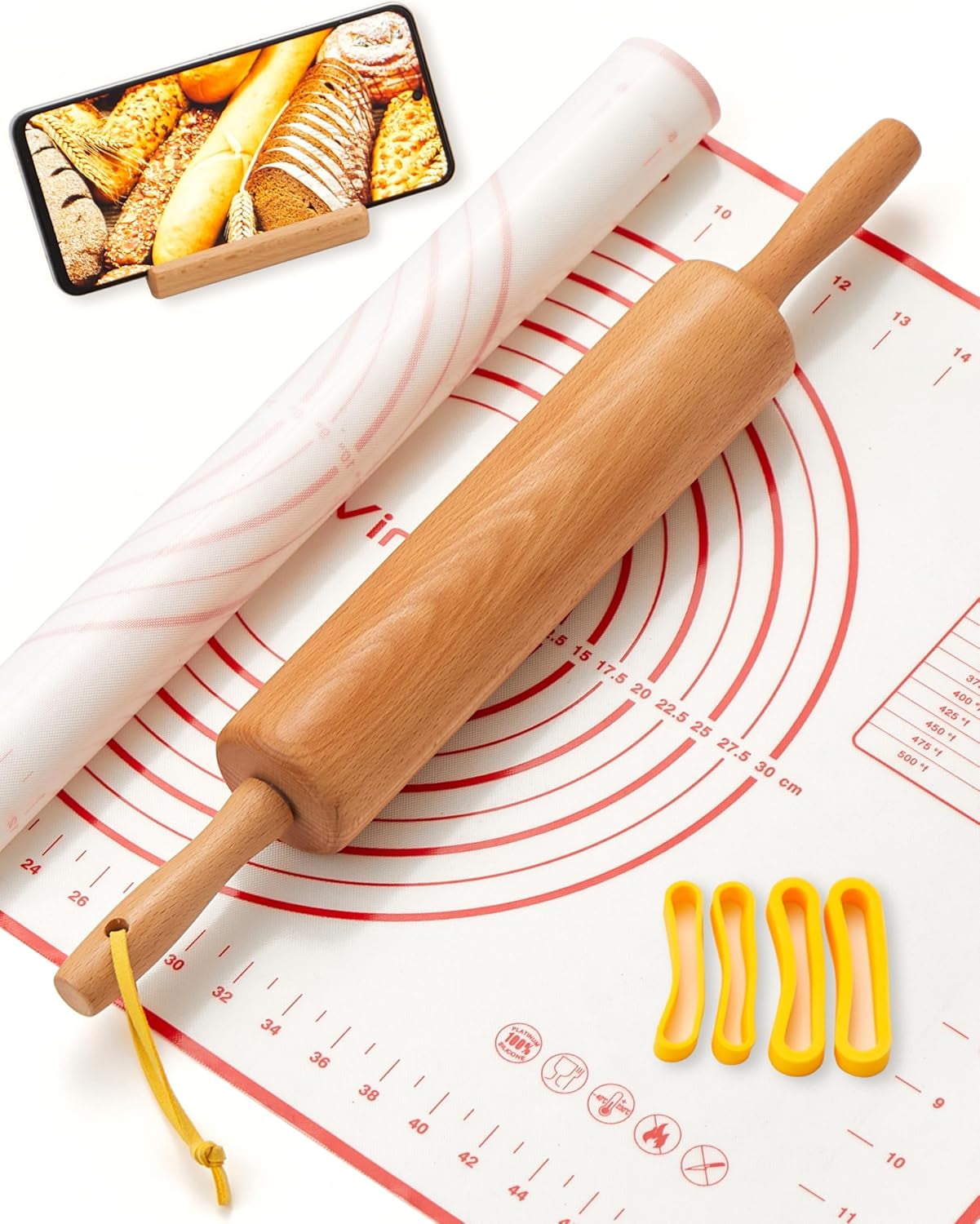 Classic Wood Rolling Pin, 17" Rolling Pins for Baking with Silicone Mat ...