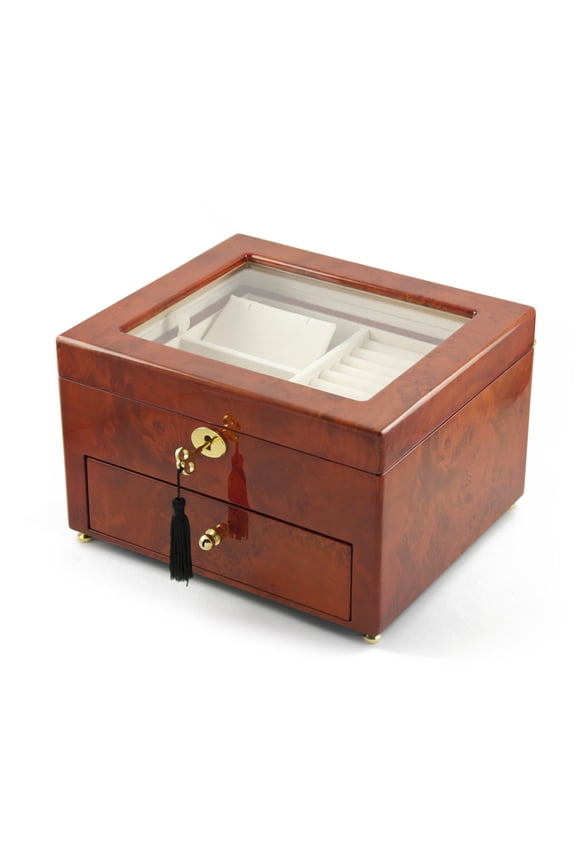Classic Wood Tone Glass Panel 30 Note Music Jewelry Box - Beauty and the Beast