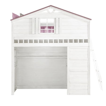 Classic Wood Twin Loft Bed, Cottage Style, Fixed Ladder, Slats, Pink, White
