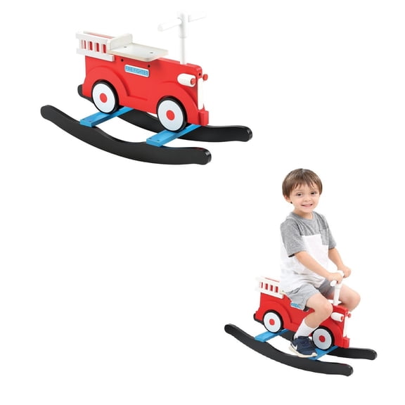 Classic Wooden Fire Trunk Rocker - Wood Kid Fireman Rocker