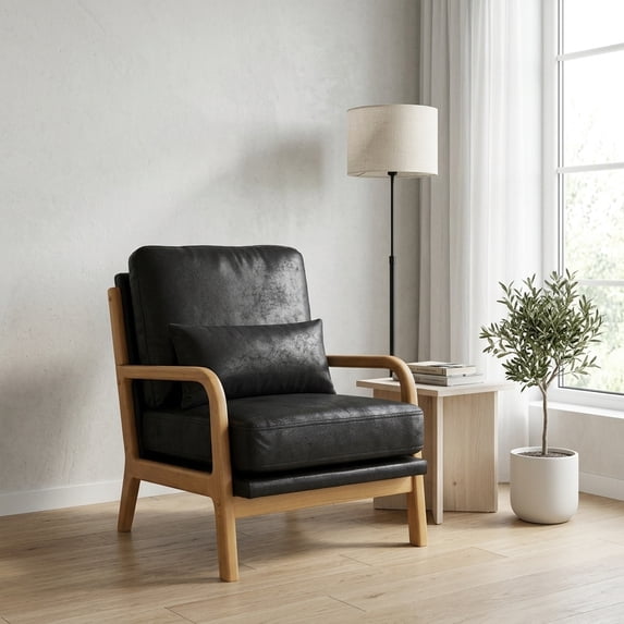 Classic Wooden Lounge Chair with Comfortable Foam Cushion - Black Fabric