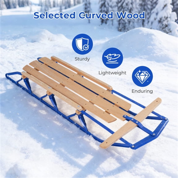 Classic Wooden Toboggan Sled for Snow 54 Inches Long Blue Steel Runner Sled for Adults Kids Fast Traditional Sled for Hills Family Winter Fun Backyard Sledding Outdoor Adventure 330 lbs Capacity