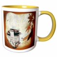 thumbnail image 1 of 3drose, Classic Woody Grunge Art with Surfer and Palm Tree and Old Surfer Car, 11oz Two-tone Yellow Mug, 1 of 6