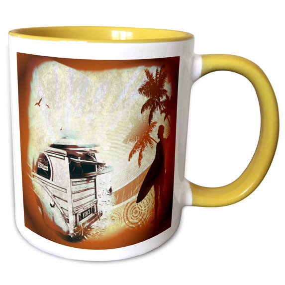 3drose, Classic Woody Grunge Art with Surfer and Palm Tree and Old Surfer Car, 11oz Two-tone Yellow Mug