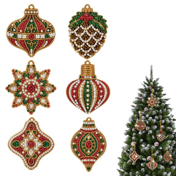 Classic Xmas Ornaments DIY Diamond Painting Christmas Ornaments, 6 Pcs Pearl Diamond Art Kits for Adults, Acrylic Tree Pendant Hanging Decoration Craft Kit, Single-Side Diamond Art Xmas Gift .