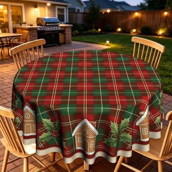 Classic Xmas Plaid Gingerbread Home Botanical Pattern Round Tablecloth ...